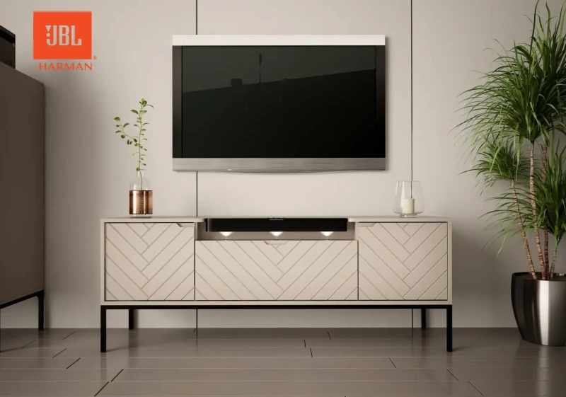 Szafka RTV Aspen VI 150 cm trzydrzwiowa z głośnikiem JBL do salonu kaszmirowa