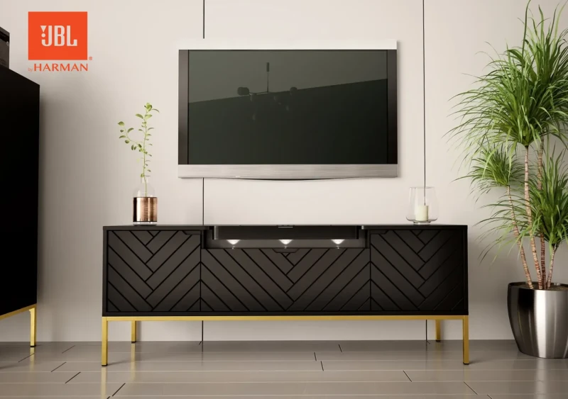 Szafka RTV Aspen VI 150 cm trzydrzwiowa z głośnikiem JBL do salonu kaszmirowa czarna