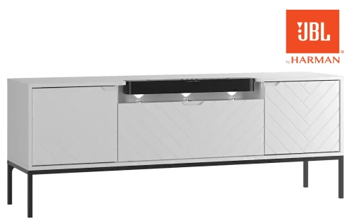 Szafka RTV Aspen VI 150 cm trzydrzwiowa z głośnikiem JBL do salonu biała