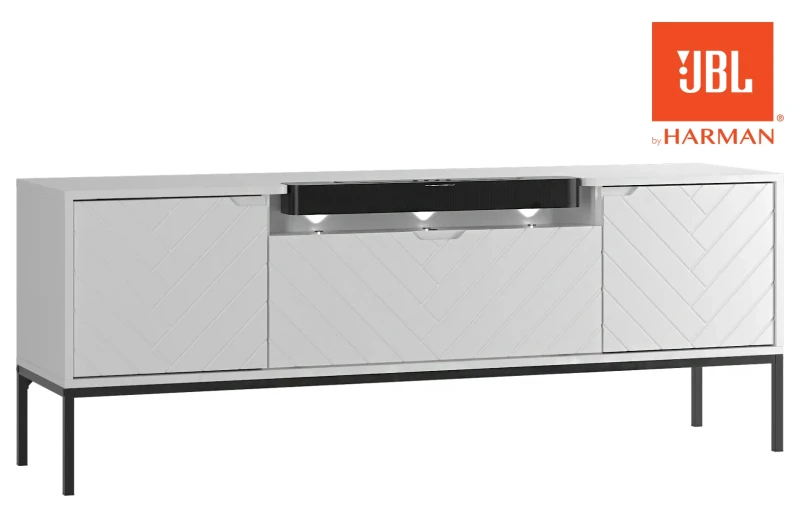 Szafka RTV Aspen VI 150 cm trzydrzwiowa z głośnikiem JBL do salonu biała