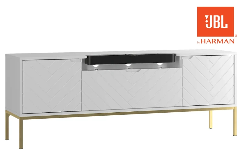 Szafka RTV Aspen VI 150 cm trzydrzwiowa z głośnikiem JBL do salonu biała