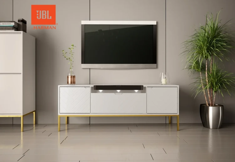 Szafka RTV Aspen VI 150 cm trzydrzwiowa z głośnikiem JBL do salonu biała