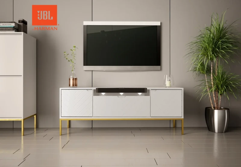 Szafka RTV Aspen VI 150 cm trzydrzwiowa z głośnikiem JBL do salonu biała