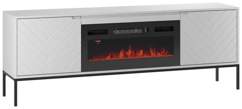 Szafka RTV Aspen II 180 cm dwudrzwiowa z kominkiem elektrycznym do salonu biała
