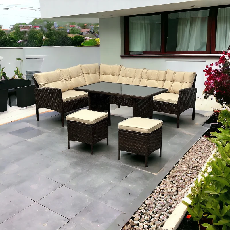 Narożnik ogrodowy z technorattanu Puerto BIG + stolik i 2x pufy Brąz