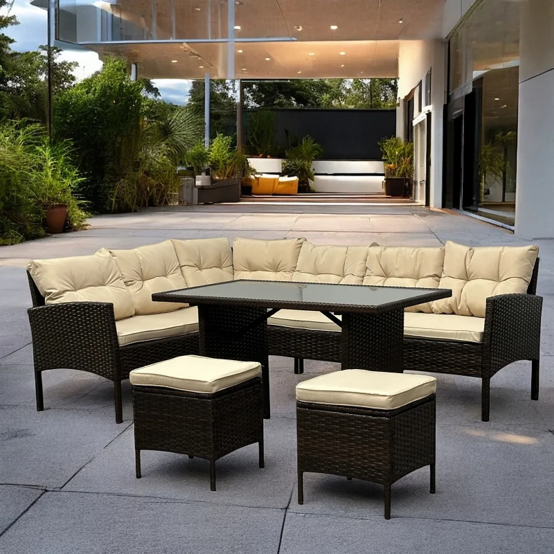 Narożnik ogrodowy z technorattanu Puerto BIG + stolik i 2x pufy Brąz