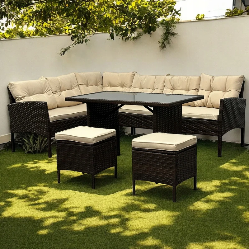 Narożnik ogrodowy z technorattanu Puerto BIG + stolik i 2x pufy Brąz