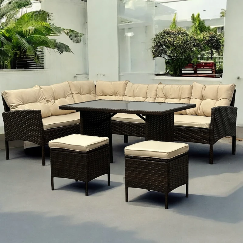 Narożnik ogrodowy z technorattanu Puerto BIG + stolik i 2x pufy Brąz