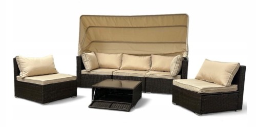 Zestaw ogrodowy wielofunkcyjny Elitar leżanka narożnik + stolik ze schowkiem Brąz