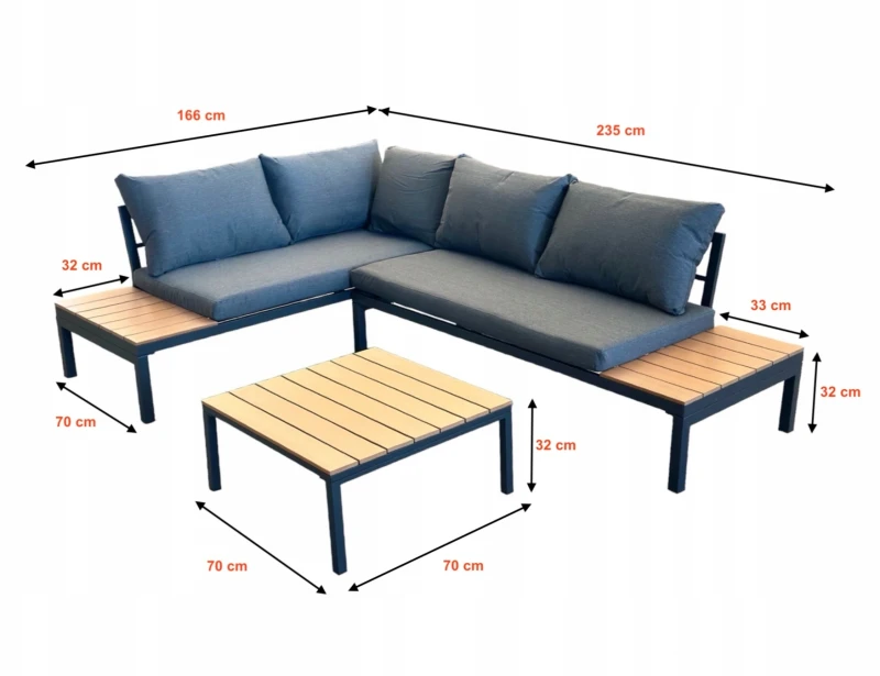 Narożnik ogrodowy Poliwood z poduszkami + Stolik Szary- wymiary