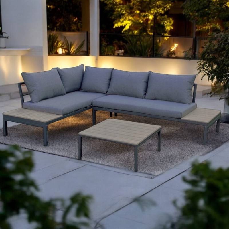 Narożnik ogrodowy Poliwood z poduszkami + Stolik Szary