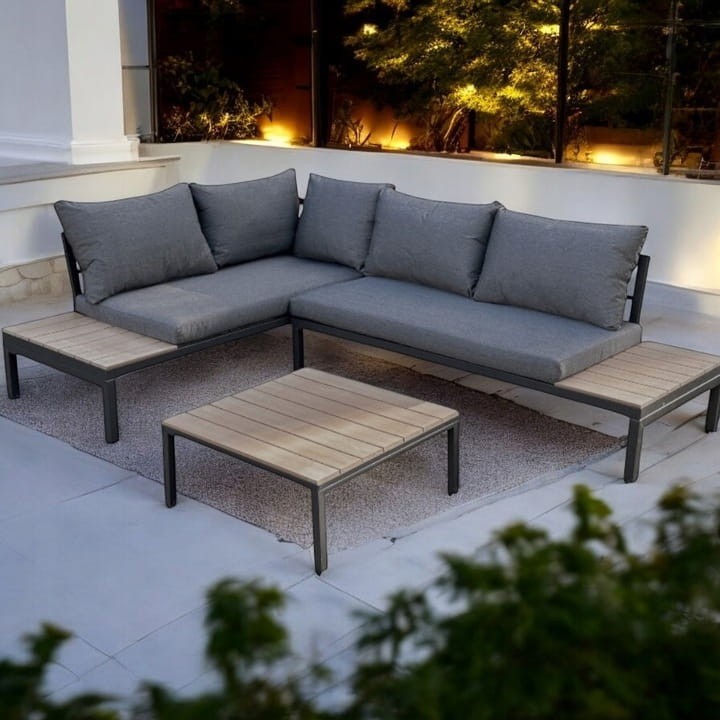 Narożnik ogrodowy Poliwood z poduszkami + Stolik Szary