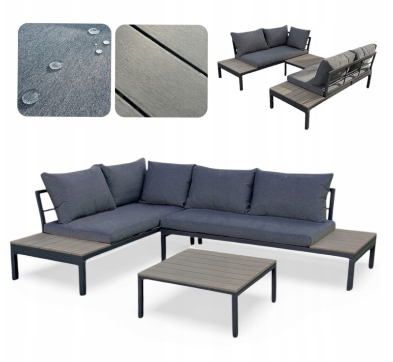 Narożnik ogrodowy Poliwood z poduszkami + Stolik Szary