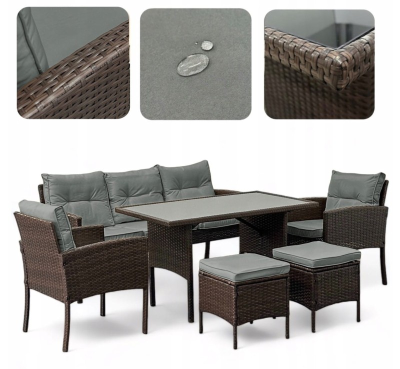 Zestaw mebli ogrodowych z technorattanu Puerto Brąz + Szare poduszki