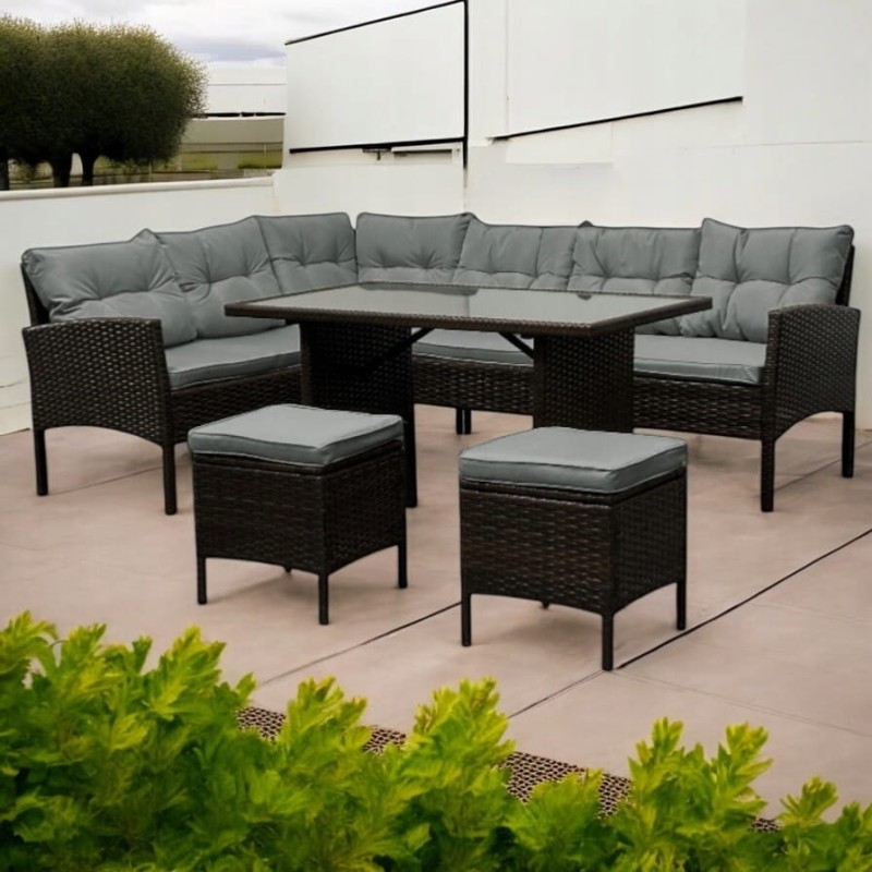 Narożnik ogrodowy z technorattanu Puerto BIG + stolik i 2x pufy Brąz + Szare poduszki