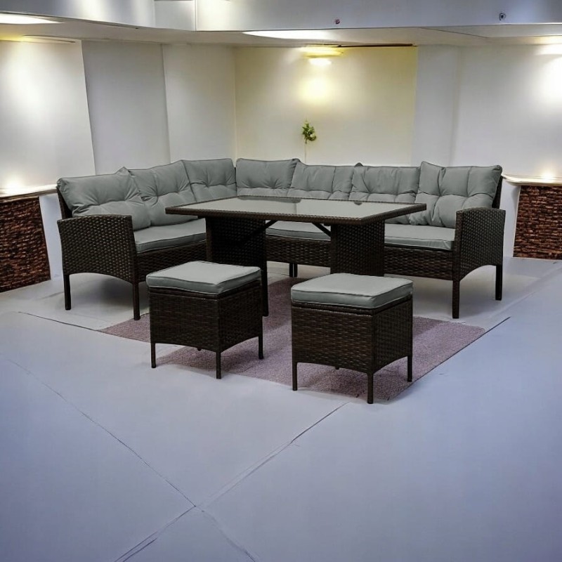 Narożnik ogrodowy z technorattanu Puerto BIG + stolik i 2x pufy Brąz + Szare poduszki