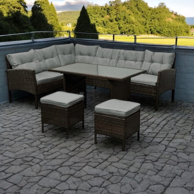 Narożnik ogrodowy z technorattanu Puerto BIG + stolik i 2x pufy Brąz + Szare poduszki