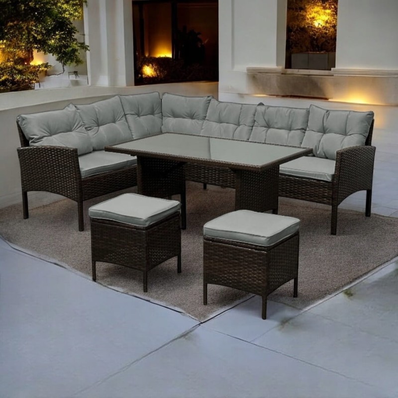 Narożnik ogrodowy z technorattanu Puerto BIG + stolik i 2x pufy Brąz + Szare poduszki