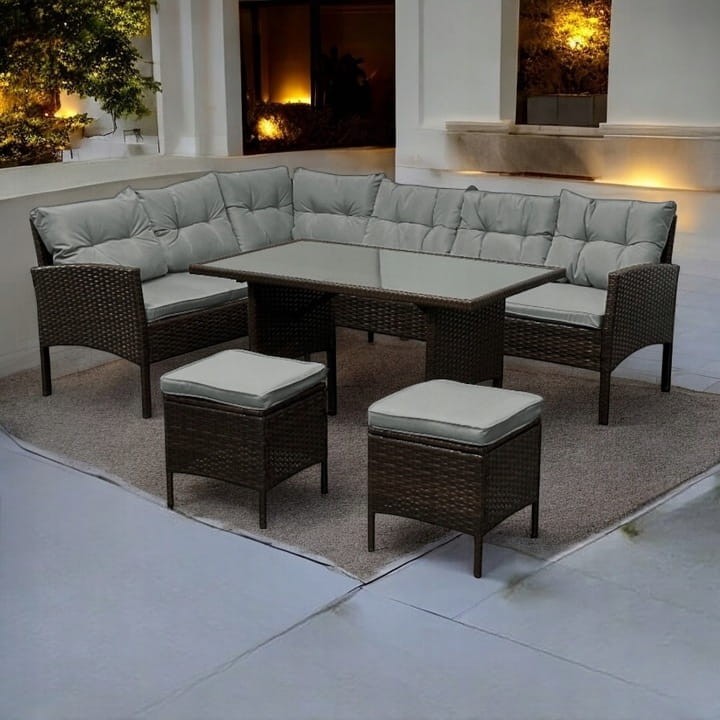 Narożnik ogrodowy z technorattanu Puerto BIG + stolik i 2x pufy Brąz + Szare poduszki