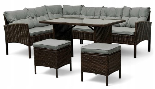 Narożnik ogrodowy z technorattanu Puerto BIG + stolik  i 2x pufy Brąz + Szare poduszki