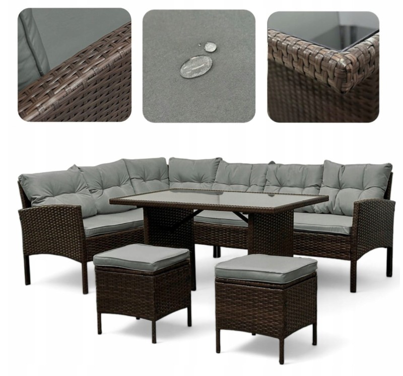 Narożnik ogrodowy z technorattanu Puerto BIG + stolik i 2x pufy Brąz + Szare poduszki