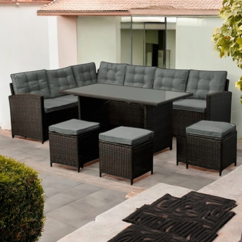 Narożnik ogrodowy technorattan + pufy i stolik Merida Brązowy + Szare poduszki