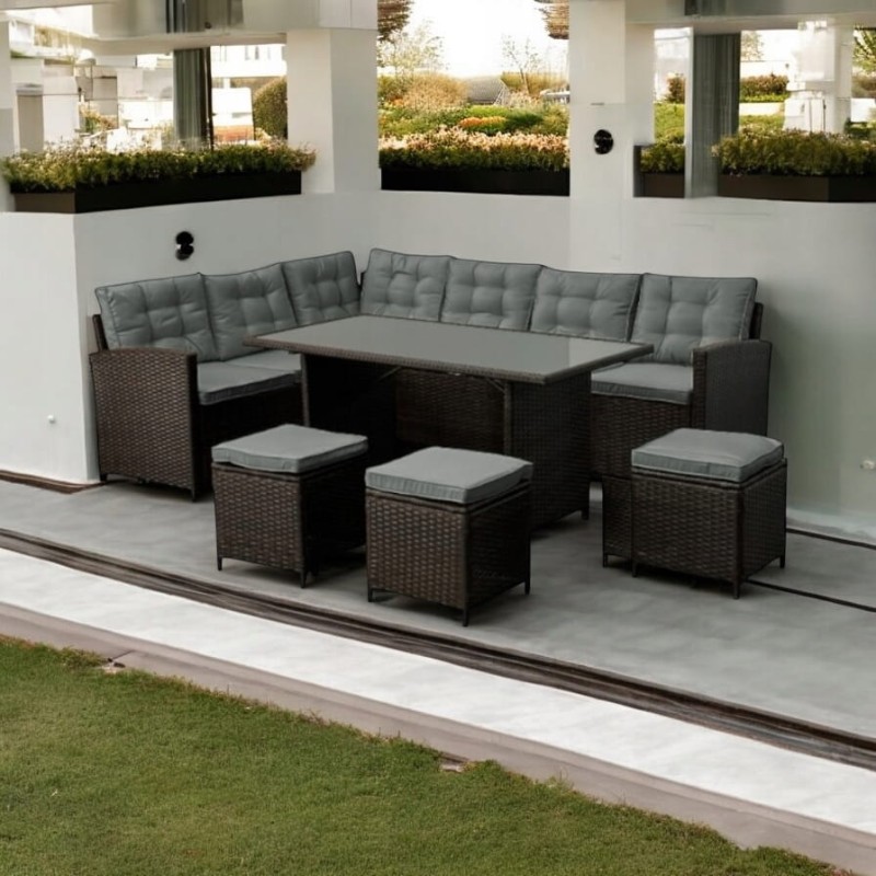 Narożnik ogrodowy technorattan + pufy i stolik Merida Brązowy + Szare poduszki