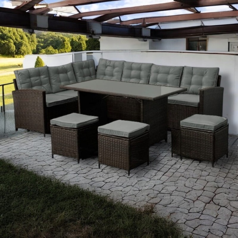 Narożnik ogrodowy technorattan + pufy i stolik Merida Brązowy + Szare poduszki