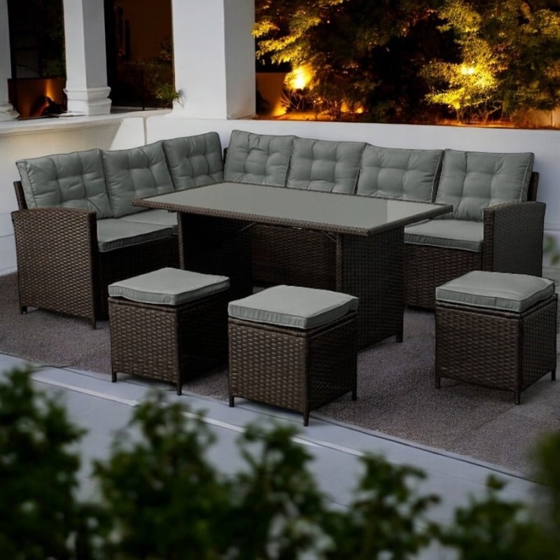 Narożnik ogrodowy technorattan + pufy i stolik Merida Brązowy + Szare poduszki