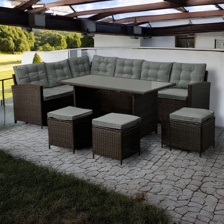 Narożnik ogrodowy technorattan + pufy i stolik Merida Brązowy + Szare poduszki