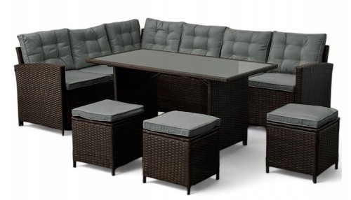 Narożnik ogrodowy technorattan + pufy i stolik Merida Brązowy + Szare poduszki