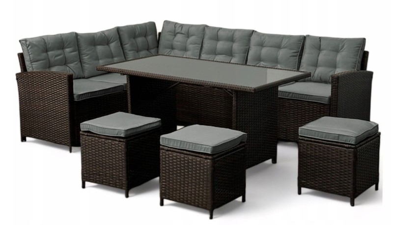 Narożnik ogrodowy technorattan + pufy i stolik Merida Brązowy + Szare poduszki