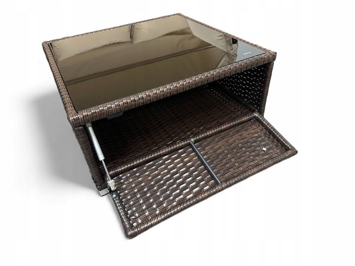 Zestaw ogrodowy wielofunkcyjny Elitar leżanka narożnik + stolik ze schowkiem Brąz + Szare poduszki