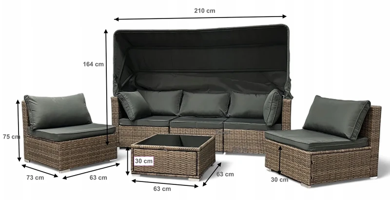 Zestaw ogrodowy wielofunkcyjny Elitar leżanka narożnik + stolik ze schowkiem Brąz + Szare poduszki - wymiary