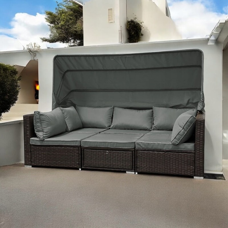 Zestaw ogrodowy wielofunkcyjny Elitar leżanka narożnik + stolik ze schowkiem Brąz + Szare poduszki