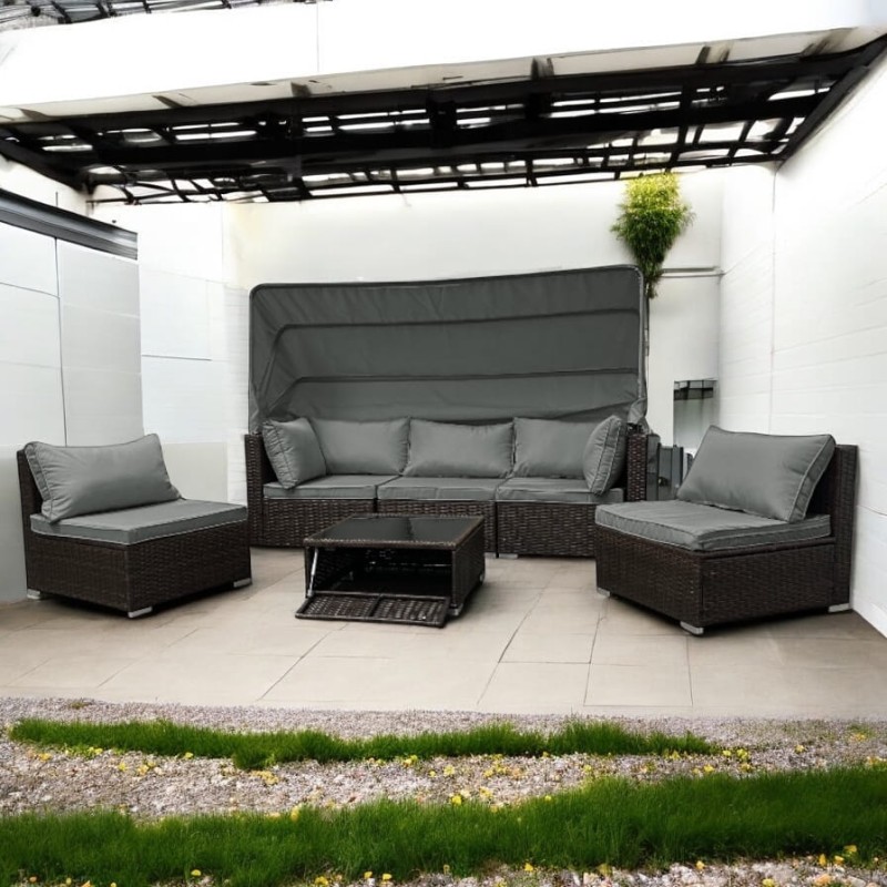 Zestaw ogrodowy wielofunkcyjny Elitar leżanka narożnik + stolik ze schowkiem Brąz + Szare poduszki