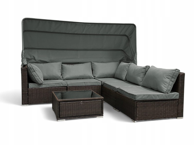 Zestaw ogrodowy wielofunkcyjny Elitar leżanka narożnik + stolik ze schowkiem Brąz + Szare poduszki