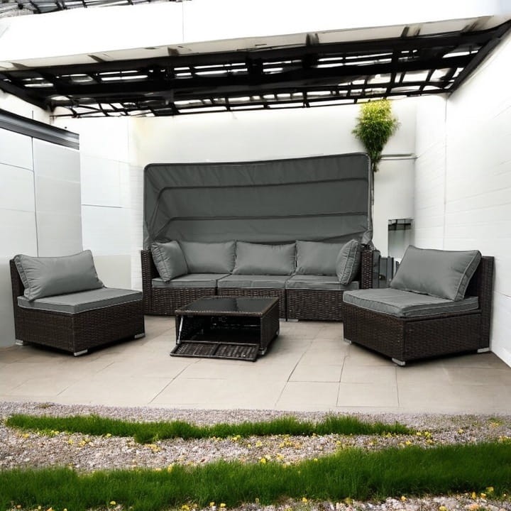 Zestaw ogrodowy wielofunkcyjny Elitar leżanka narożnik + stolik ze schowkiem Brąz + Szare poduszki