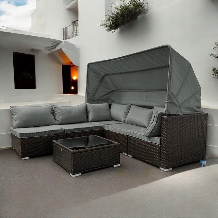 Zestaw ogrodowy wielofunkcyjny Elitar leżanka narożnik + stolik ze schowkiem Brąz + Szare poduszki