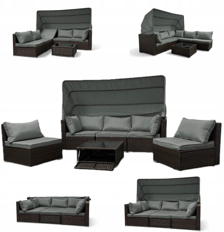 Zestaw ogrodowy wielofunkcyjny Elitar leżanka narożnik + stolik ze schowkiem Brąz + Szare poduszki