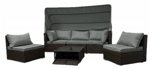 Zestaw ogrodowy wielofunkcyjny Elitar leżanka narożnik + stolik ze schowkiem Brąz + Szare poduszki