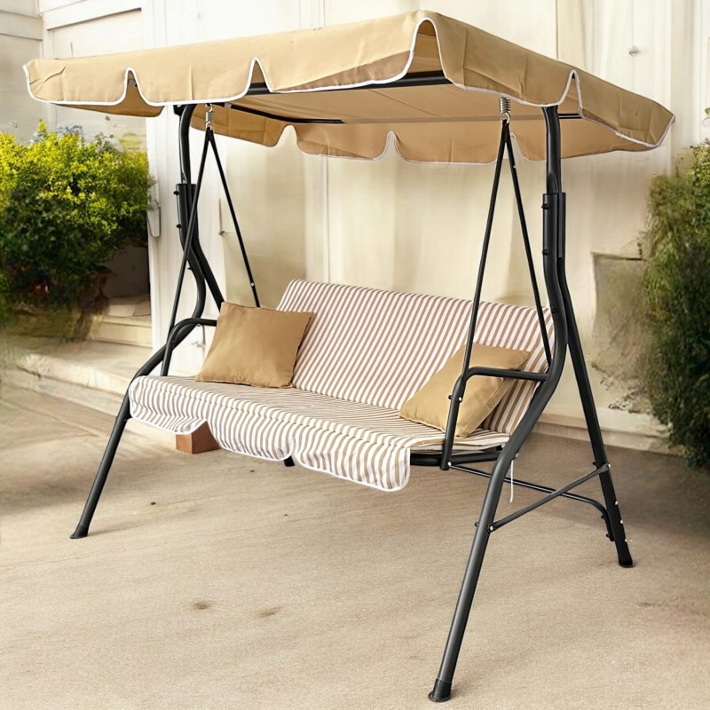 Huśtawka ogrodowa wolnostojąca Nrico 3 osobowa Beż + Białe paski