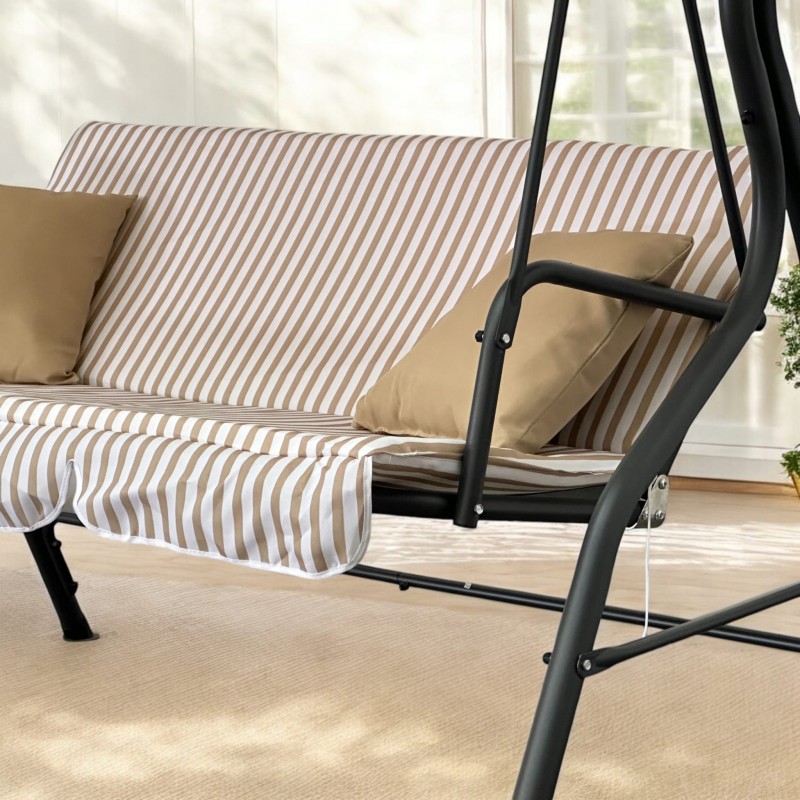 Huśtawka ogrodowa wolnostojąca Nrico 3 osobowa Beż + Białe paski