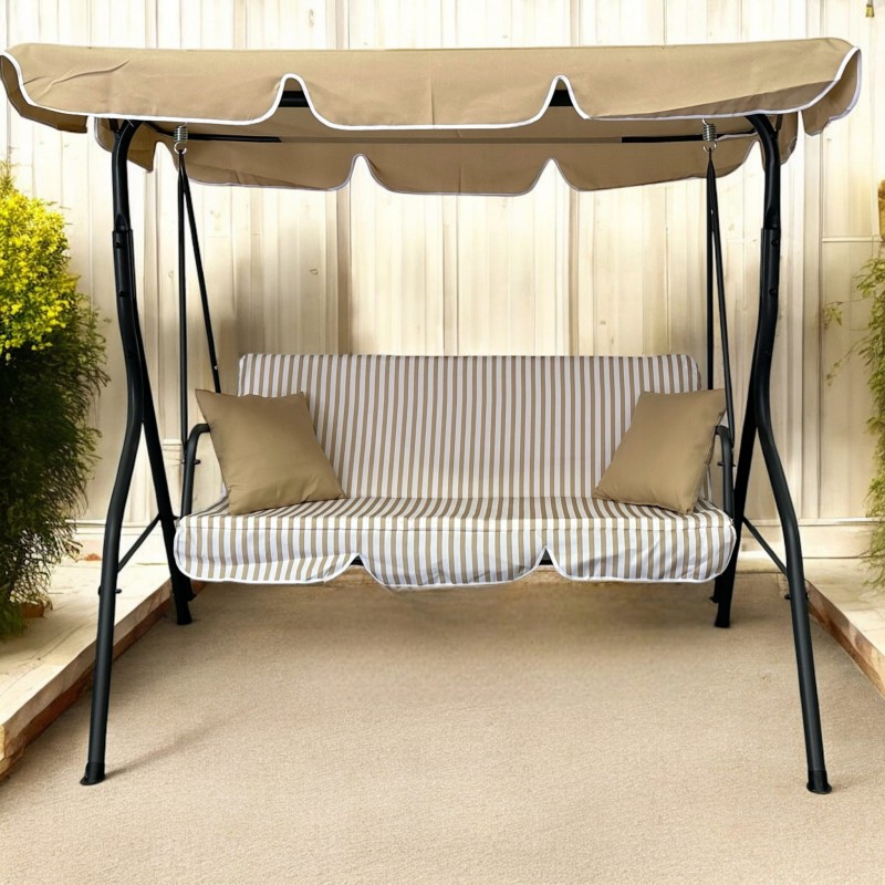 Huśtawka ogrodowa wolnostojąca Nrico 3 osobowa Beż + Białe paski