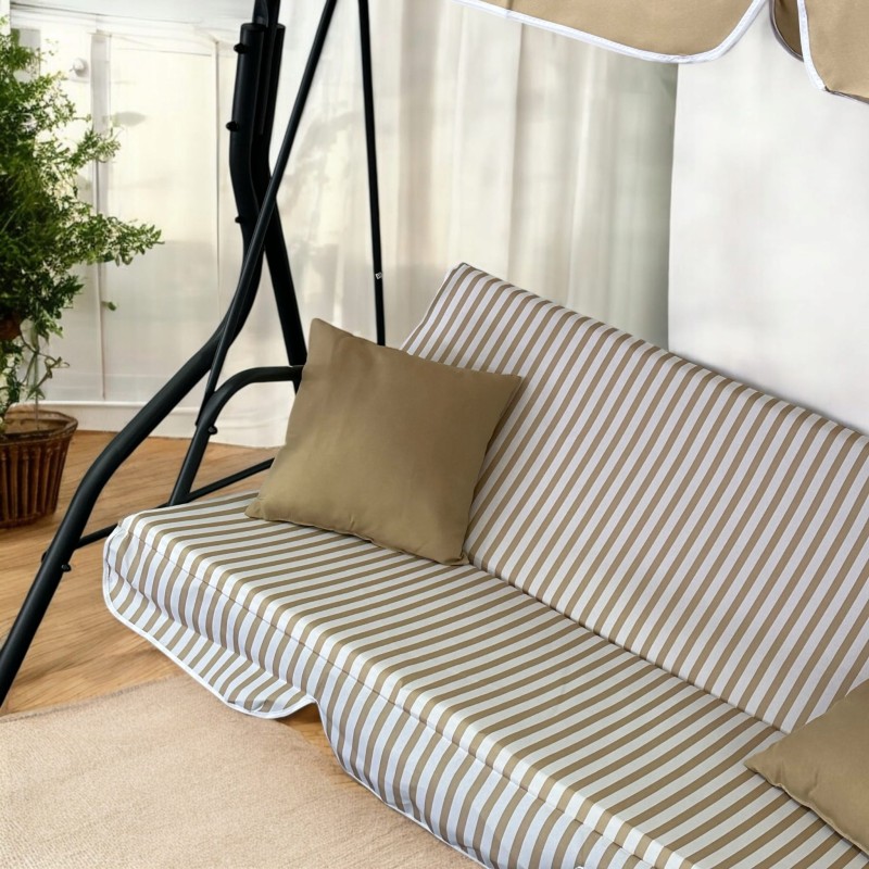 Huśtawka ogrodowa wolnostojąca Nrico 3 osobowa Beż + Białe paski