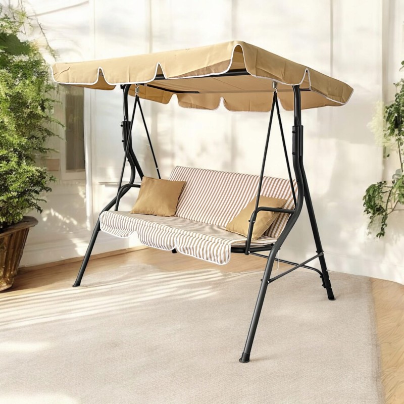 Huśtawka ogrodowa wolnostojąca Nrico 3 osobowa Beż + Białe paski