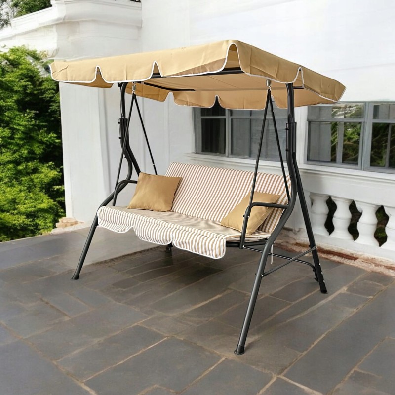 Huśtawka ogrodowa wolnostojąca Nrico 3 osobowa Beż + Białe paski