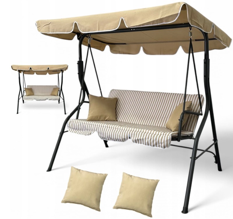 Huśtawka ogrodowa wolnostojąca Nrico 3 osobowa Beż + Białe paski