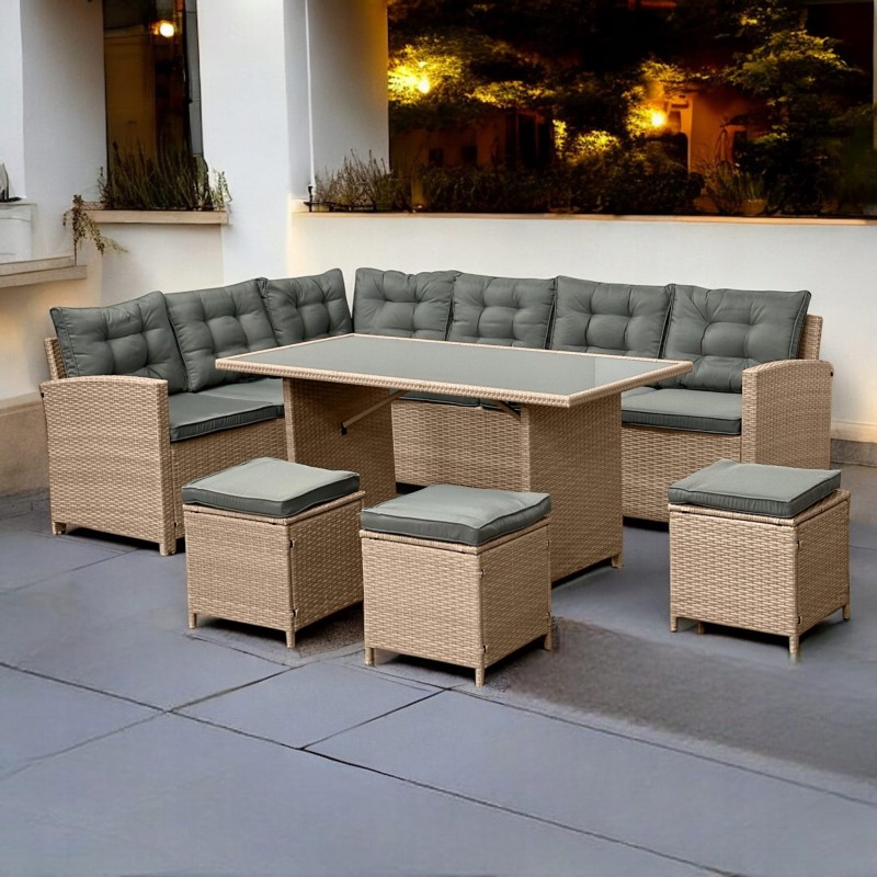 Narożnik ogrodowy technorattan + pufy i stolik Merida Naturalny