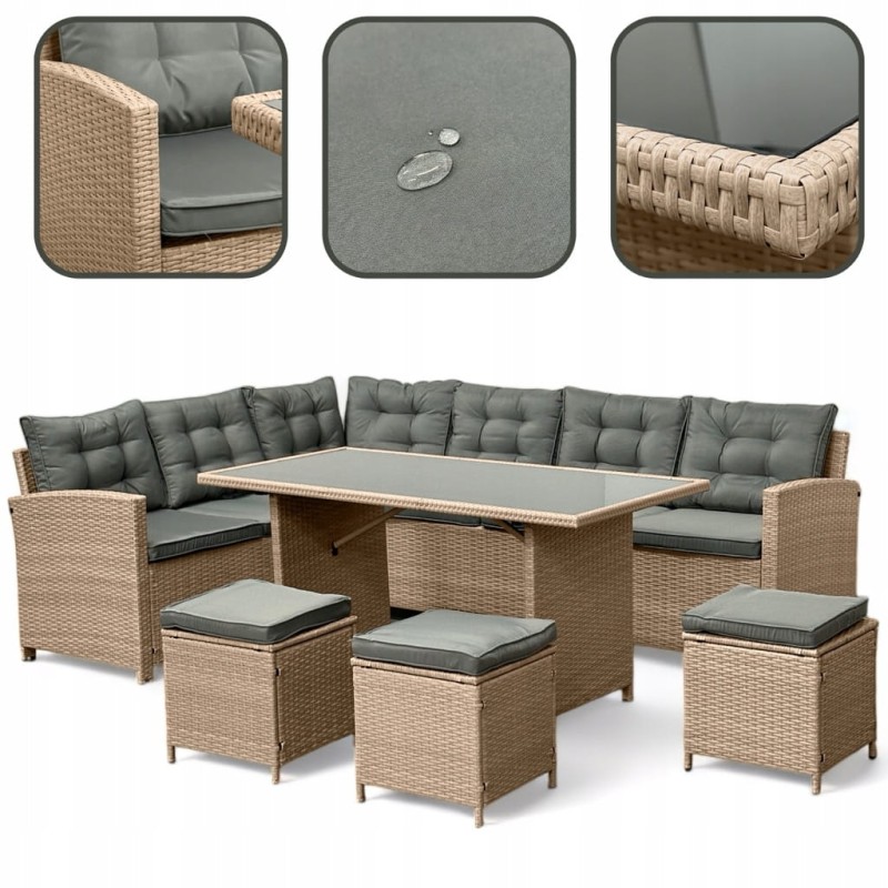 Narożnik ogrodowy technorattan + pufy i stolik Merida Naturalny